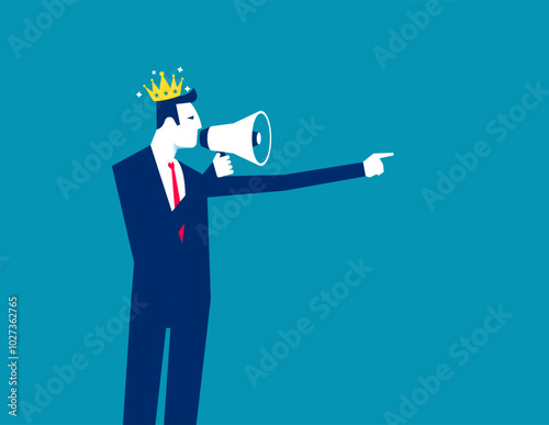 CEO concept. Big boss or company president, chief executive officer, employer, leadership or manager, bossy management, furious businessman boss shouting on megaphone while pointing direction.