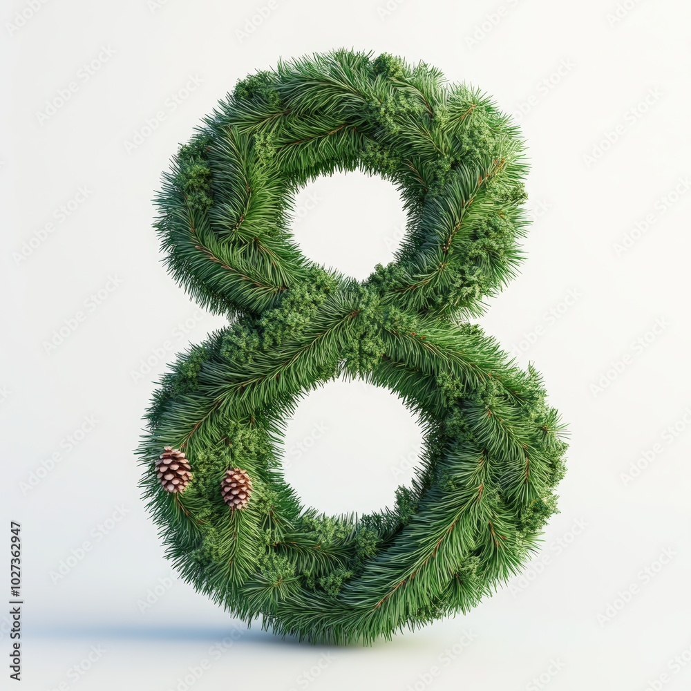 3D number 8 with christmass tree texture realistic modern design, soft lighting, white background 3D number 8 with christmass tree texture realistic modern design, soft lighting, white background
