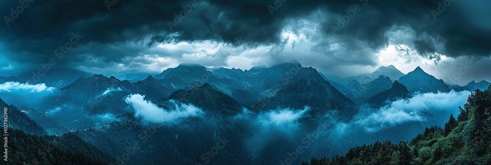 Fototapeta premium Dark clouds cover the sky, with rugged mountains in front of them. Wide background