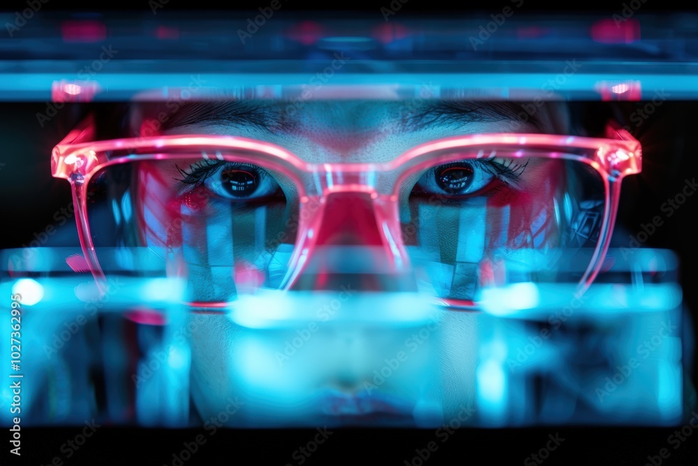 Person wearing neon glasses examines futuristic technology in a dimly lit environment Person wearing neon glasses examines futuristic technology in a dimly lit environment