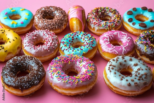 hyper realistic photo of Colorful sweet background. Delicious glazed donuts on pink background. , copy space, copy space for text,