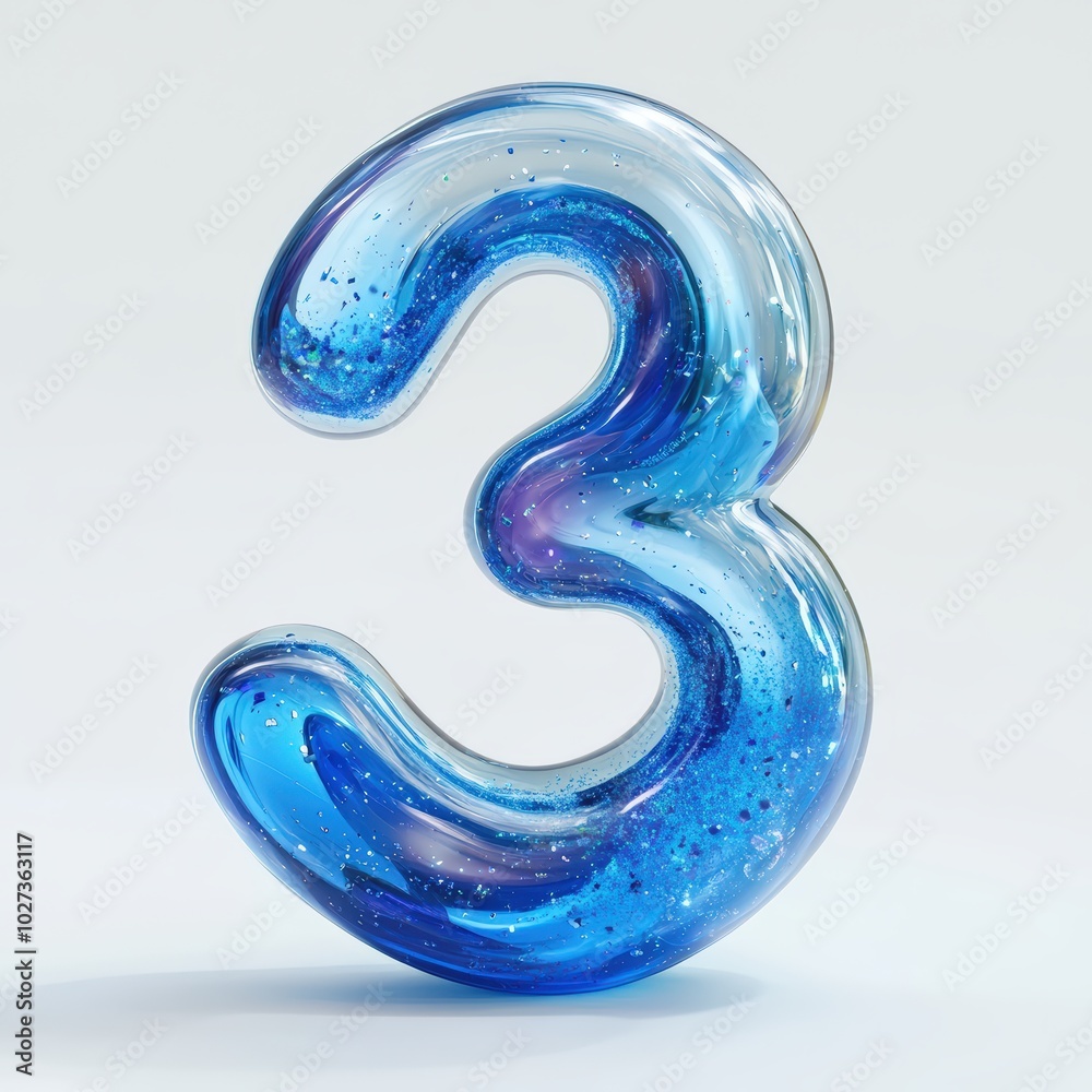 3D number 3 with blue liquid with glitters in glass texture realistic modern design, soft lighting, white background 3D number 3 with blue liquid with glitters in glass texture realistic modern design, soft lighting, white background