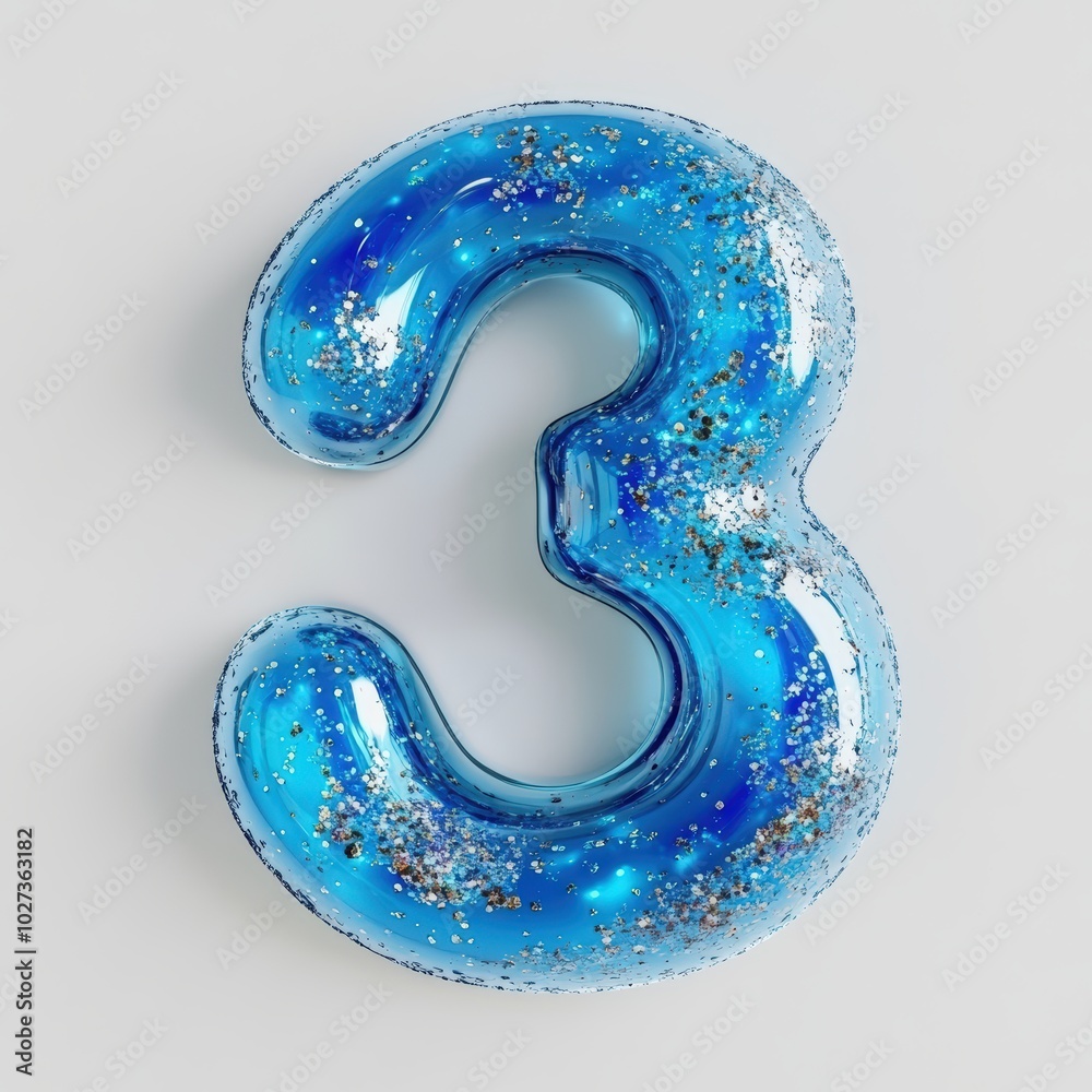 3D number 3 with blue liquid with glitters in glass texture realistic modern design, soft lighting, white background 3D number 3 with blue liquid with glitters in glass texture realistic modern design, soft lighting, white background