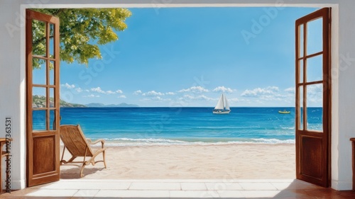 Inviting Escape to Watercolor Beach Paradise - Ocean Serenity and Blue Skies for Tranquility and Peaceful Getaway