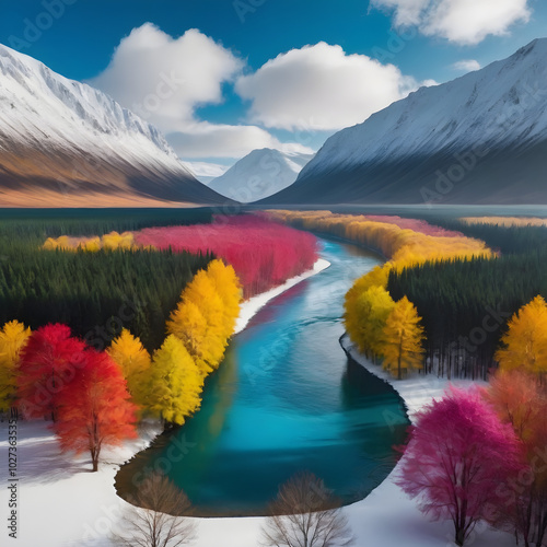 The river acts as a natural divider between two opposing environments. On one side, a tropical paradise thrives, filled with bright, lively colors. On the other side, a cold, wintery forest with arcti photo