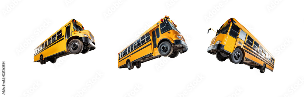 Naklejka premium Three yellow school buses are shown in a row with each one facing a different direction.