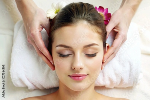 A beautiful woman having head massage in a spa center