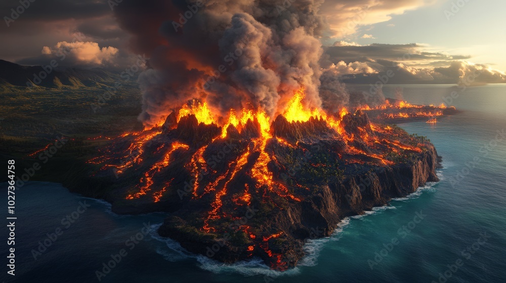 Fototapeta premium Erupting Volcanic Island in the Dramatic Sunset