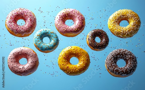 hyper realistic photo of  Flying donuts. Mix of multicolored doughnuts with sprinkel on blue background.  , copy space, copy space for text, photo