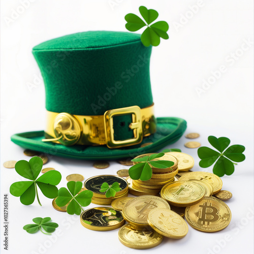 leprechaun hat gold coins clover leaf isolated on white background photo