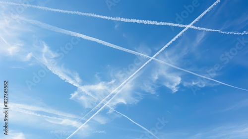 Contrails criss-cross a bright blue sky.