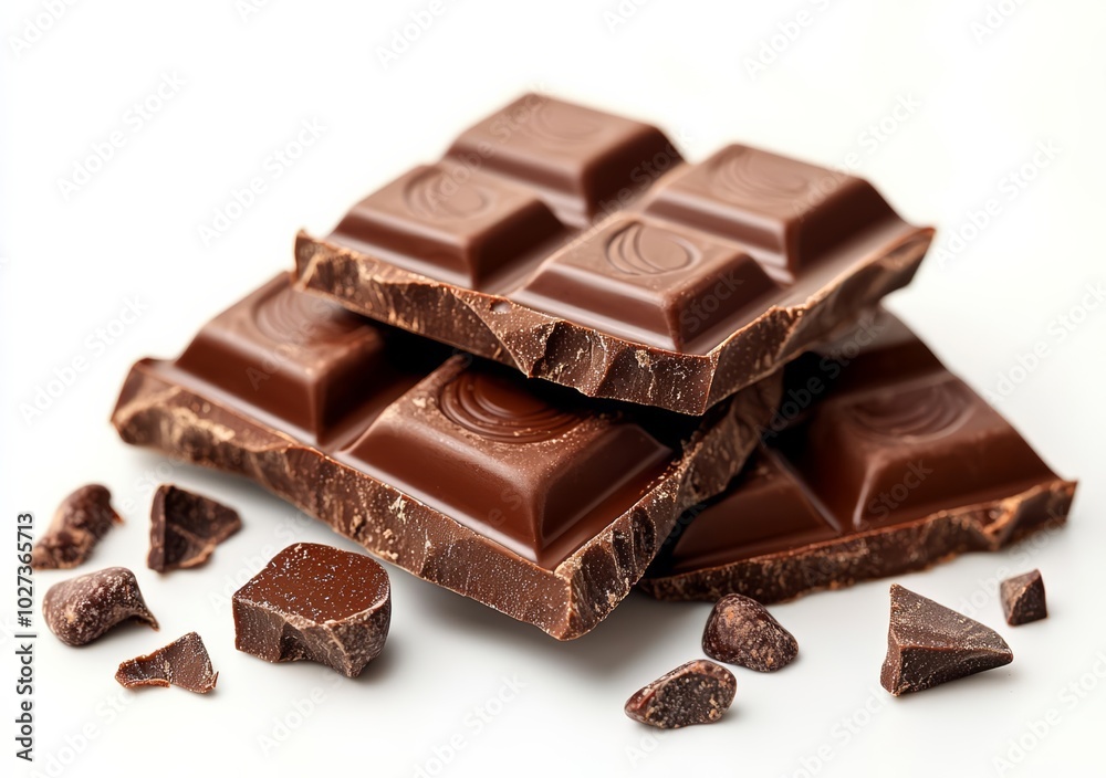 hyper realistic photo of Milk organic chocolate pieces isolated on white background , copy space, copy space for text, hyper realistic photo of Milk organic chocolate pieces isolated on white background , copy space, copy space for text,