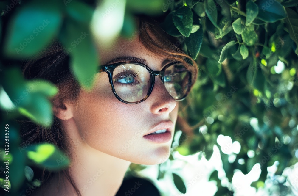 A young woman in glasses is framed by vibrant green foliage, appearing contemplative in the serene surroundings A young woman in glasses is framed by vibrant green foliage, appearing contemplative in the serene surroundings
