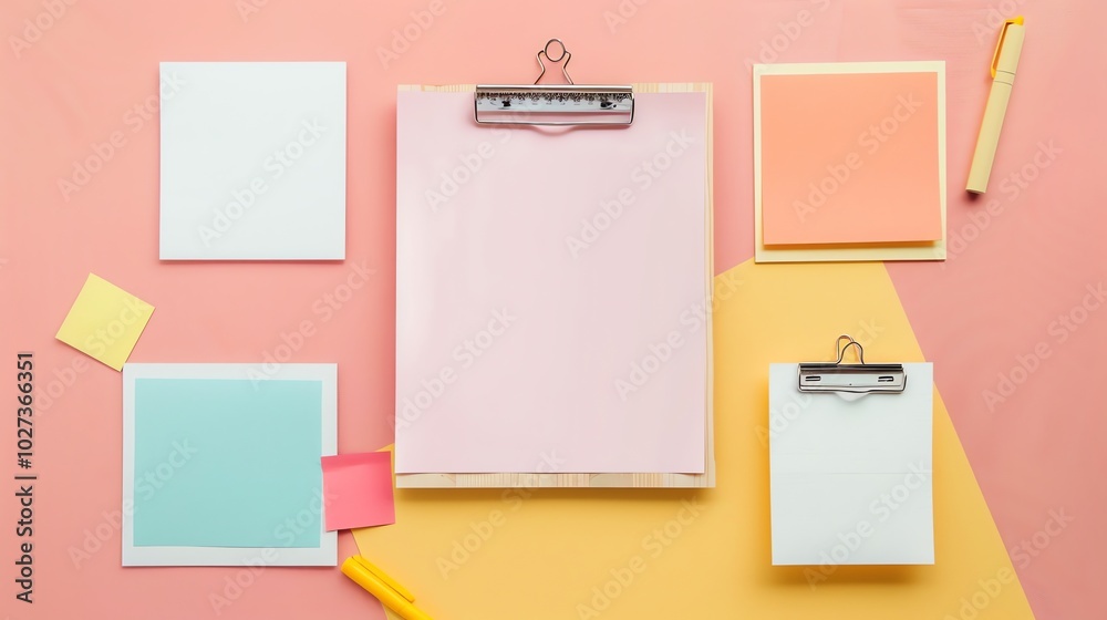 A flat lay of office supplies on a pink and yellow background. A flat lay of office supplies on a pink and yellow background.