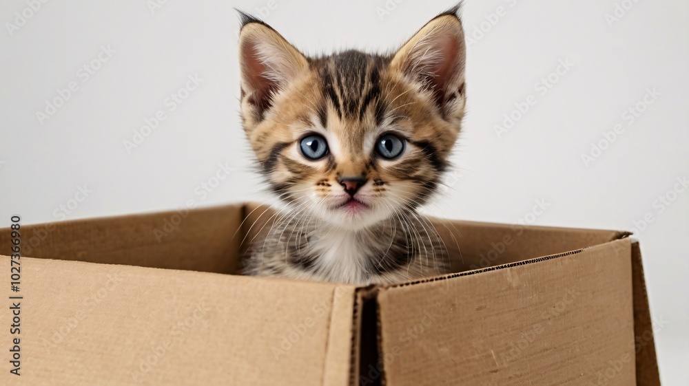 Fototapeta premium curious kitten peeking out from a cardboard box