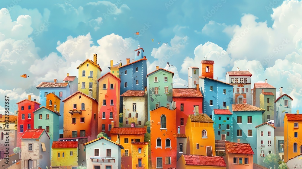 A colorful illustration of a village with a blue sky. A colorful illustration of a village with a blue sky.