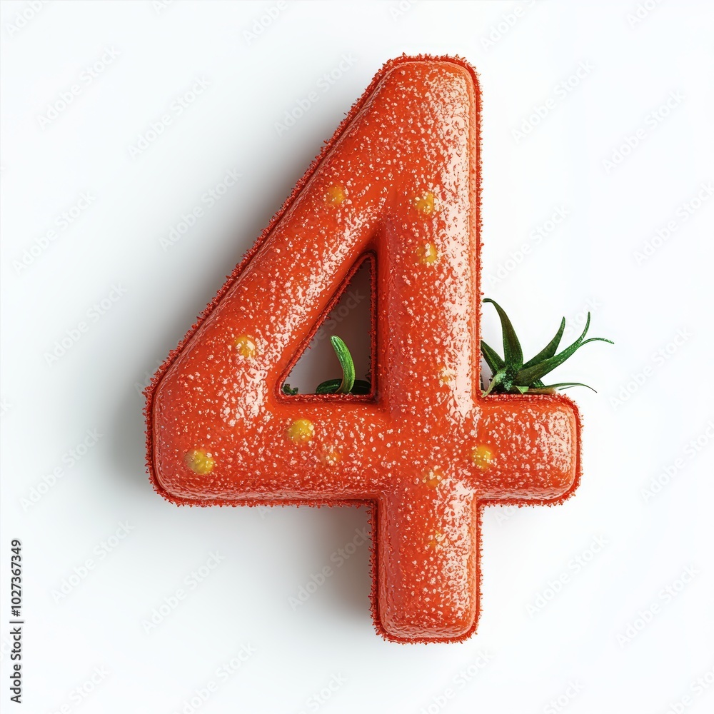 3D number 4 with tomato texture realistic modern design, soft lighting, white background. 