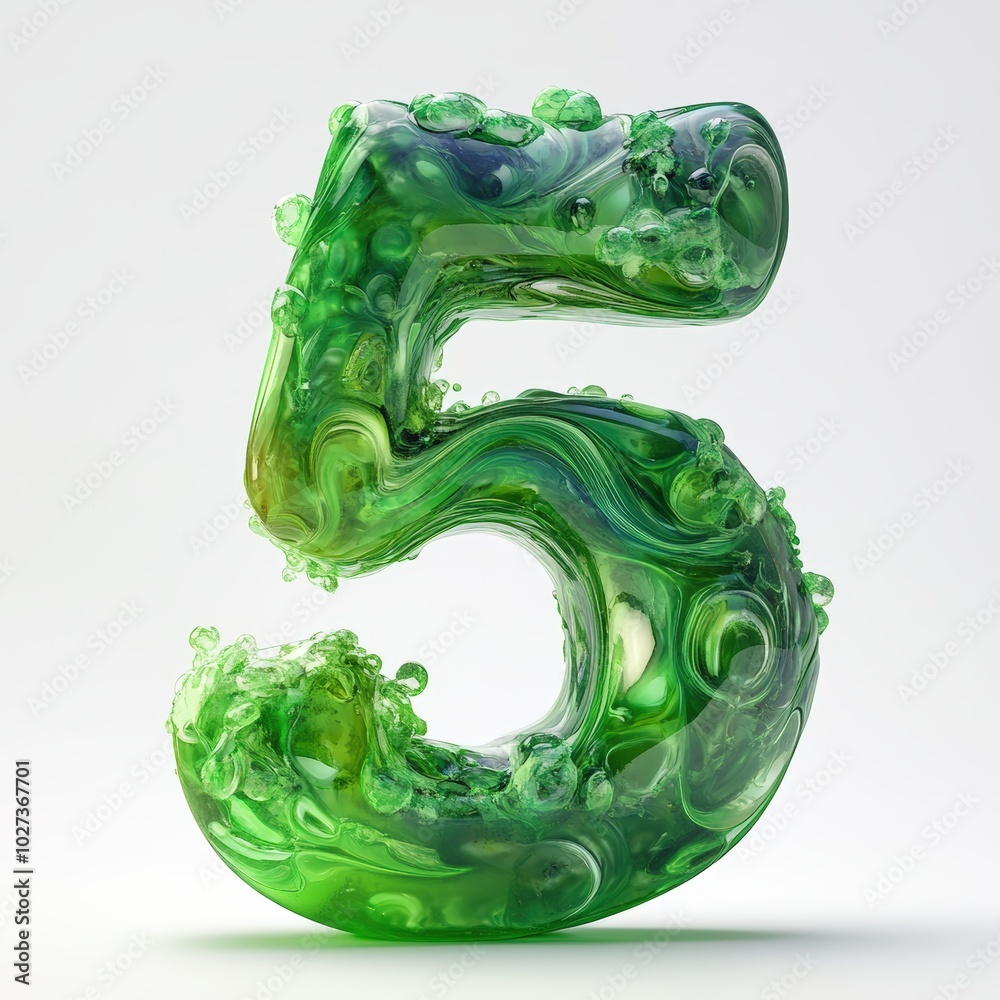 Obraz premium 3D number 5 with green toxic liquid texture realistic modern design, soft lighting, white background. 