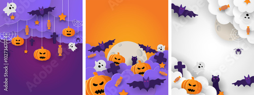 Happy Halloween party posters set with night clouds and pumpkins in paper cut style. Vector illustration. Full moon, witch cauldron, spiders web and flying bat. Place for text. Brochure background