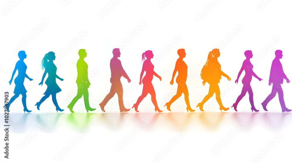 Rainbow of Unity: A vibrant line of colorful stick figures stand in perfect alignment, symbolizing diversity, inclusion, and the strength of unity. Rainbow of Unity: A vibrant line of colorful stick figures stand in perfect alignment, symbolizing diversity, inclusion, and the strength of unity.
