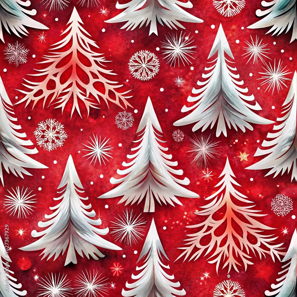 Obraz premium creative seamless pattern of white Christmas trees and snowflakes on a bright red background