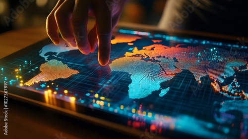 Wallpaper Mural Fingers touch the screen with a country or cross-continental view. The concept of cross-border and continental trade and cooperation. Torontodigital.ca