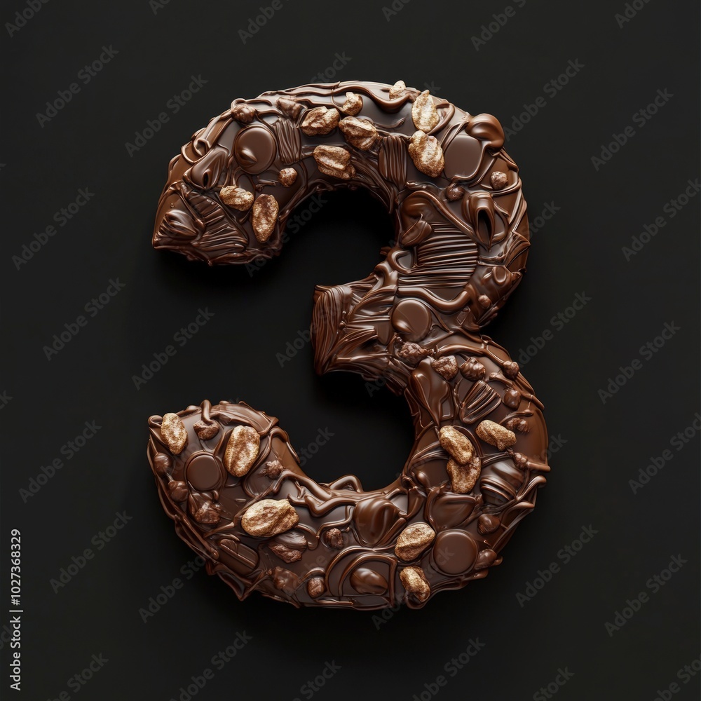 3D number 3 with chocolate texture realistic modern design, soft lighting, black background. 3D number 3 with chocolate texture realistic modern design, soft lighting, black background.