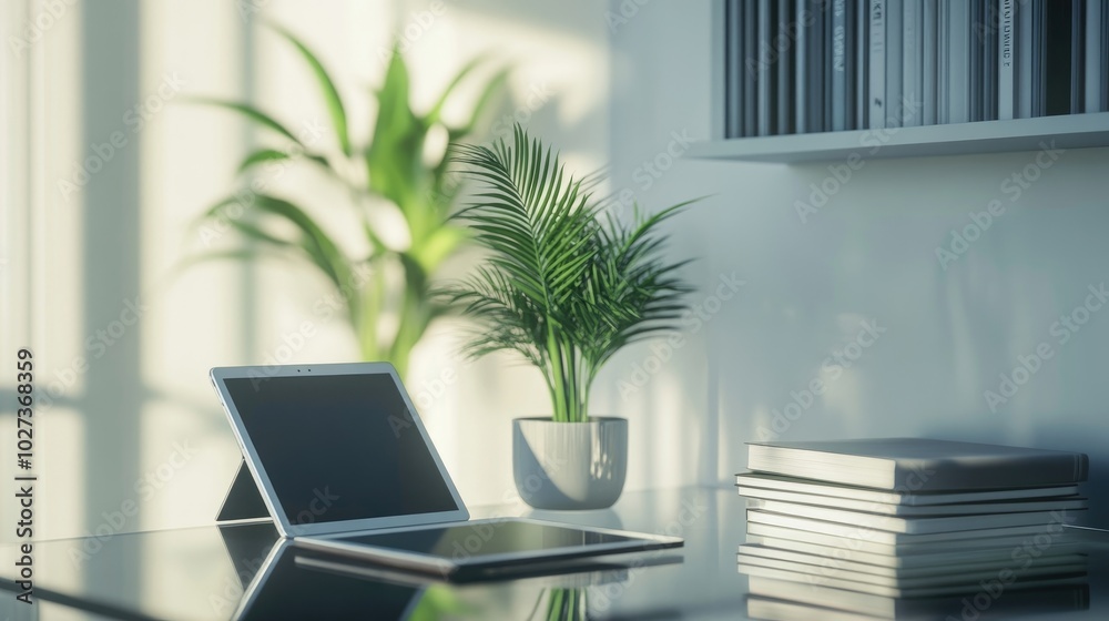 A tablet and a notebook on a sleek glass desk, surrounded by a few books and a potted plant. The scene is softly lit by natural light from the side A tablet and a notebook on a sleek glass desk, surrounded by a few books and a potted plant. The scene is softly lit by natural light from the side