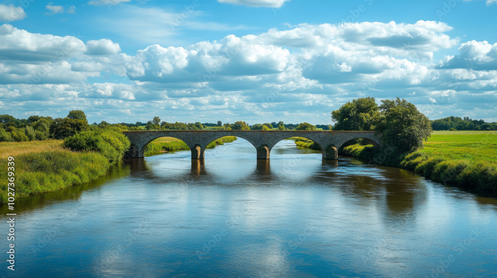 Fototapeta premium Calm river winding through rural scenery with bridge 