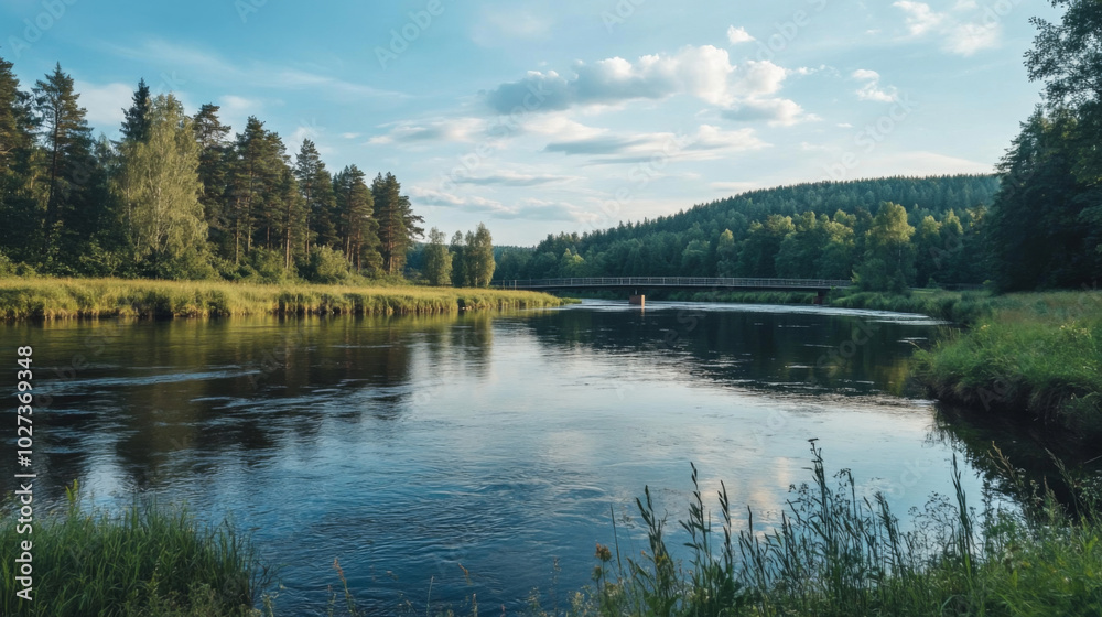 Fototapeta premium Calm river winding through rural scenery with bridge 