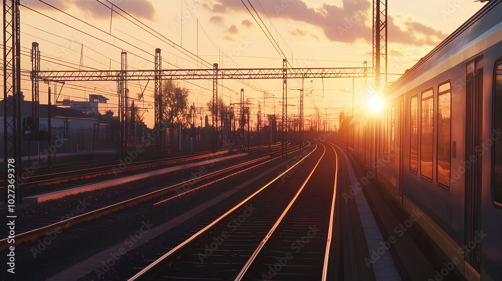 Highway runs parallel to a railway track, with a train passing by as the sun sets, captured in 8K resolution The scene is rendered with ultrarealistic detail and perfect focus Highway runs parallel to a railway track, with a train passing by as the sun sets, captured in 8K resolution The scene is rendered with ultrarealistic detail and perfect focus