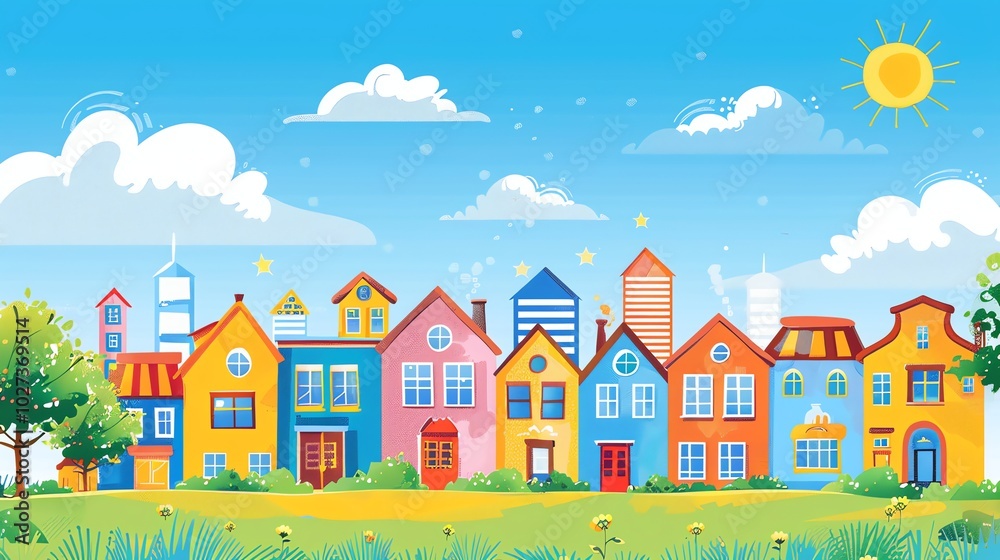 A cartoon illustration of a colorful town with a blue sky and white clouds. A cartoon illustration of a colorful town with a blue sky and white clouds.