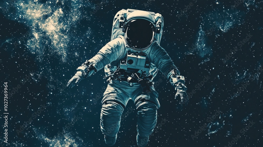 Fototapeta premium Generative AI image of an astronaut floating in Earth's orbit, surrounded by stars.