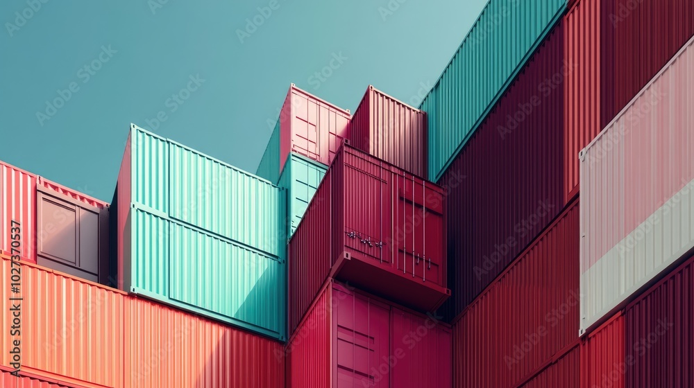 Fototapeta premium Shipping containers stacked in an asymmetrical pattern.