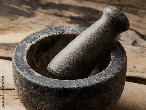 A photo of a mortar. There is a pestle in the mortar. 