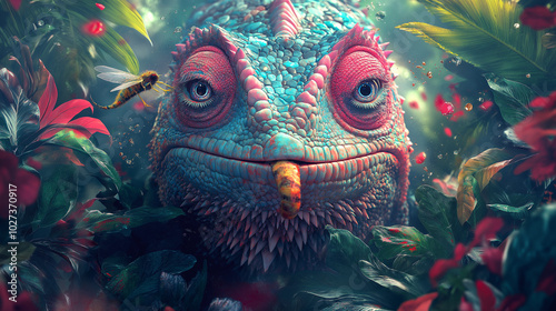 chameleon tongue catching fly, game icon, portrait, jungle mood, face closeup, icon, slot game colors, game art style, paint brush, oil. photo