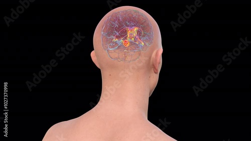 A 3D scientific animation depicting enlarged lateral and third ventricles of the brain (hydrocephalus), caused by a brain tumor compressing the cerebral aqueduct. photo