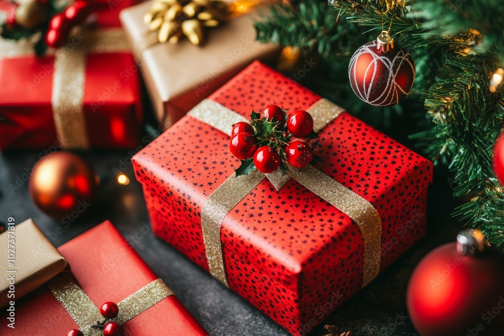 Christmas gifts box on festive background Christmas gifts box on festive background