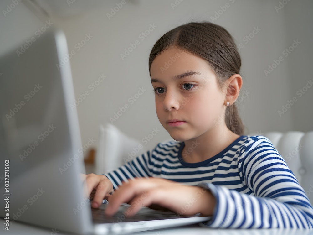 The photo captures a girl sitting and typing on a laptop