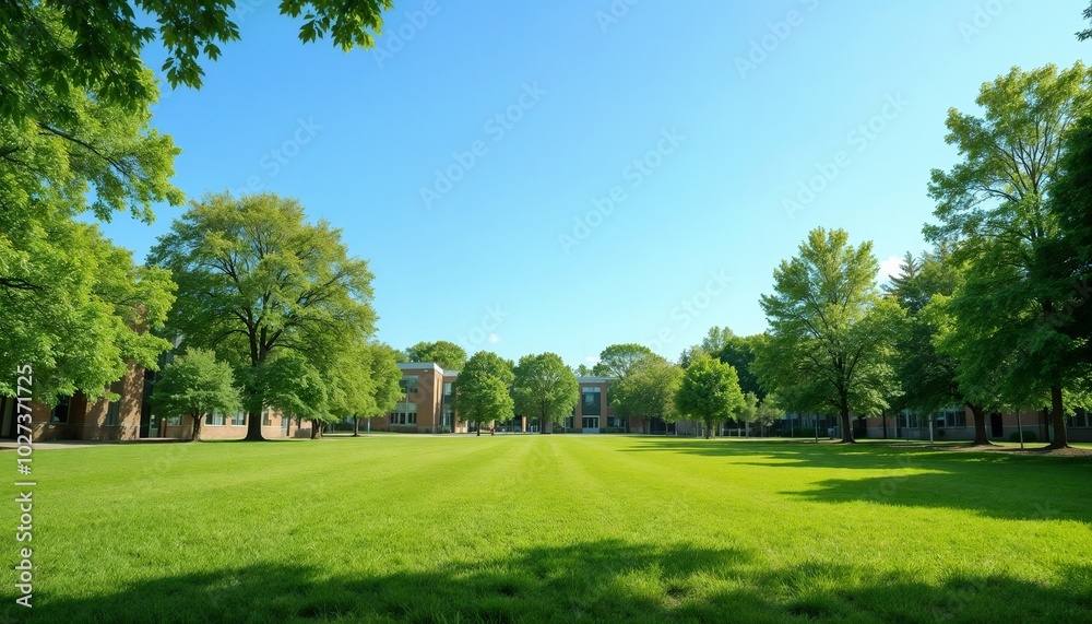 Sunny college campus with green lawn and trees