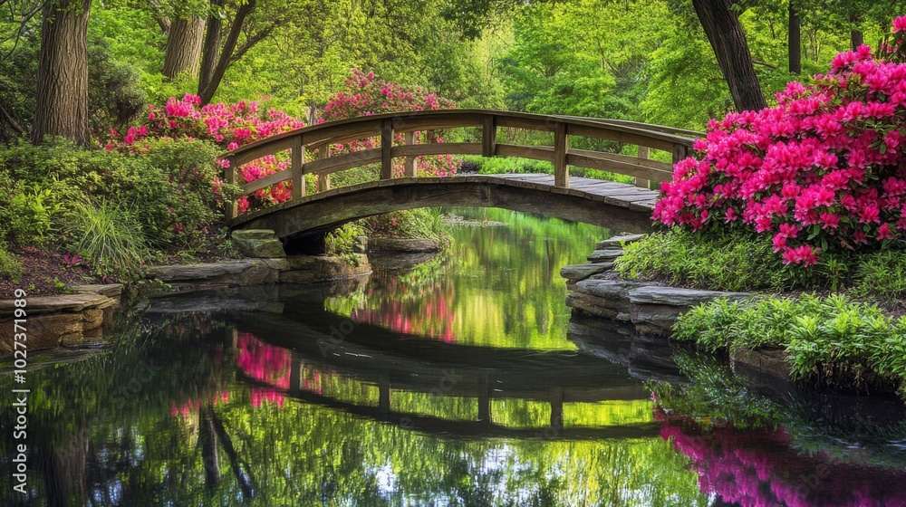 Fototapeta premium Wooden Bridge Spanning a Pond in a Lush Garden with Pink Flowers