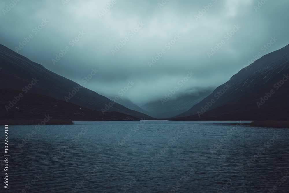 Fog envelops towering mountains as twilight descends over a calm lake, creating a serene and atmospheric setting Fog envelops towering mountains as twilight descends over a calm lake, creating a serene and atmospheric setting