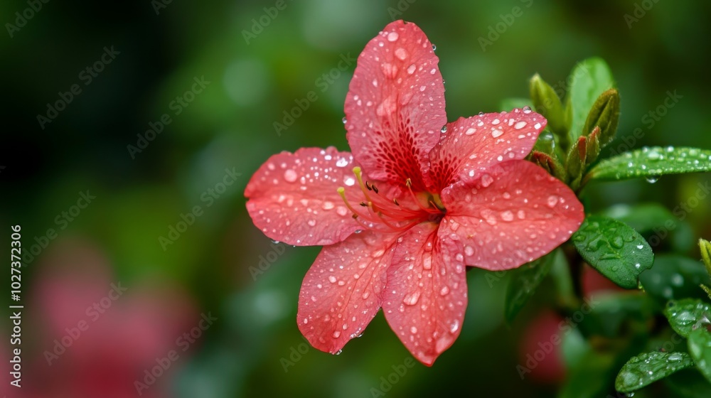 Dew-Covered Pink Azalea Flower with Green Foliage Dew-Covered Pink Azalea Flower with Green Foliage