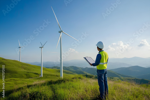 technician working outdoor at wind turbine field. Renewable energy engineer working on wind turbine projects, Environmental engineer research and develop approaches to providing clean energy sources