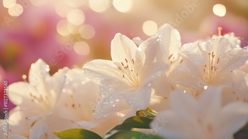 Close-up of Dew-Covered White Flowers with a Soft Pink and Golden Blurred Background