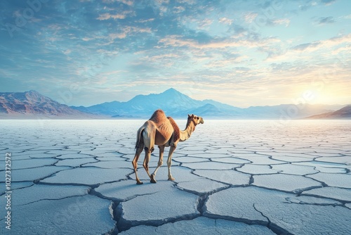 Lone Camel in a Cracked Desert Landscape photo