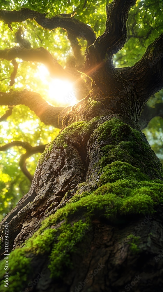 Fototapeta premium Sunlight streams through the leaves of a moss-covered tree.