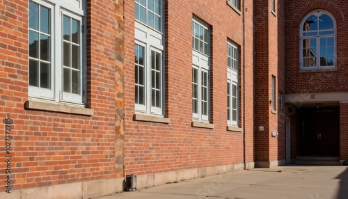 Red brick building with white-framed windows in sunlight