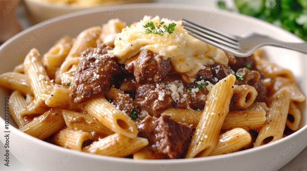 A hearty dish with pasta, succulent beef, and a rich, creamy topping garnished with herbs A hearty dish with pasta, succulent beef, and a rich, creamy topping garnished with herbs