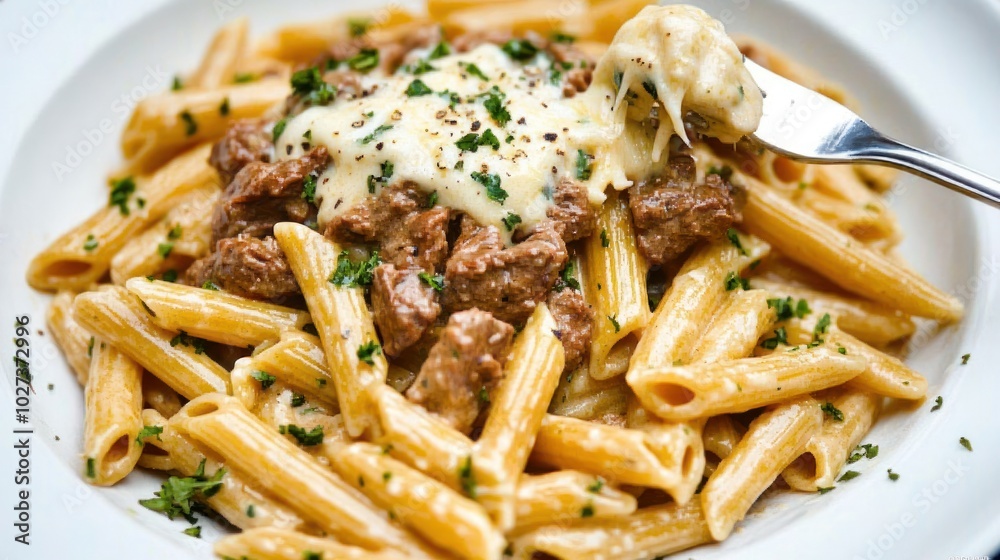Savor the rich flavors of creamy pasta topped with tender beef and herbs Savor the rich flavors of creamy pasta topped with tender beef and herbs